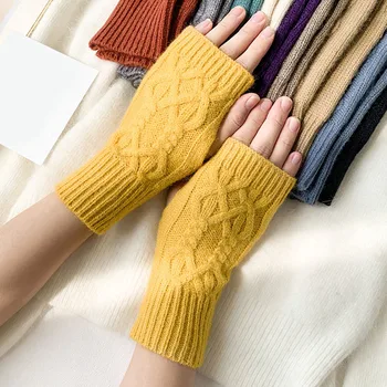 Модни възли ръкавици в Корейски стил за жени, топли зимни ръкавици за полпальца, Защита на китката за момичета на Открито, Каране на къси ръкавици