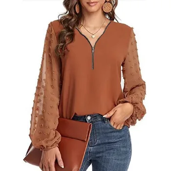 Модни дамски блузи и блузи с цип с V-образно деколте и дълъг ръкав 2023, Есента случайни шифоновый офис топ в стил мозайка, Дамски блуза-риза