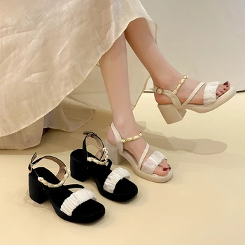 Модни дамски обувки 2023 г., бежови сандали с катарама на ток, универсални, Луксозни, удобни, Черни, в ретро стил, за момичета, За Новия Летен гащеризон