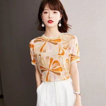 модни Летни Нови Копринени блузи, Дамски тениски с абстрактни флорални принтом и къс ръкав