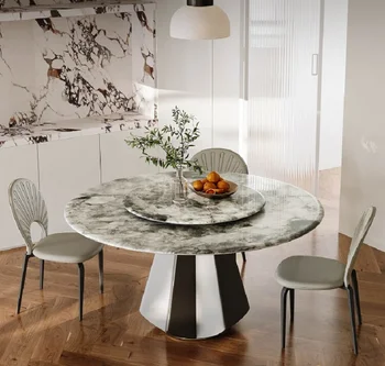 Мраморна маса за хранене и стол от неръждаема стомана, разход на кръгла маса от висок клас, италиански минималистичен кръгла маса