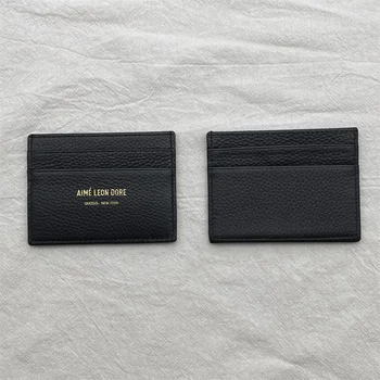 Мъжки и женски портфейл от телешка кожа HGSC 22FW с централен слой, чанта за карти, обикновен черен Преносим портфейл, чанта за паспорт, портфейл за монети