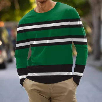 Мъжки модни и ежедневни спортна риза райе с дигитален печат, тениска с кръгло деколте, отгоре с дълъг ръкав