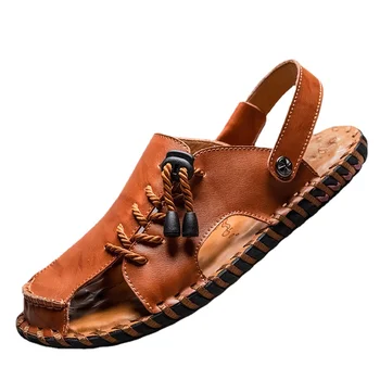 Мъжки Улични плажни сандали, Модерни плажни обувки в римски стил от естествена кожа, зашити на машина, Лятна Дишащи Ежедневни сандали Размер Плюс 47