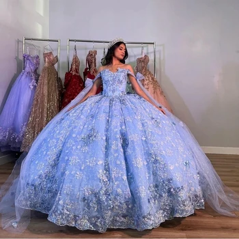 Небето-синьо буйни рокля без ръкави, расшитое кристални пайети бална рокля с открити рамене, корсет с 3D цветя, Vestidos Para XV Anos