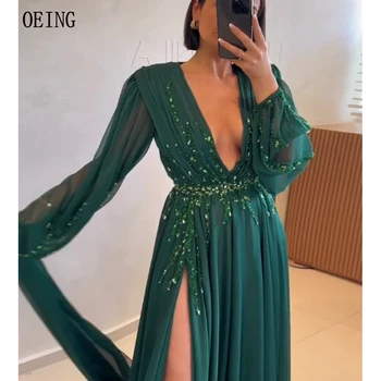 Невероятно Зелени Шифоновые вечерни рокли за бала с дълбоко V-образно деколте, бродирани с пайети, Дълги ръкави, разрез от двете страни, вечерни рокли в пода, с дължина до пода