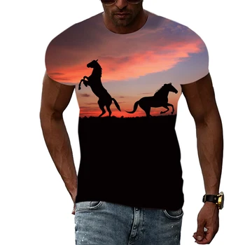 Нова мода ежедневната мъжка тениска с конете графика, 3d принтом, младежки тенденция, О-образна яка, Лято, къс ръкав, Хит на продажбите