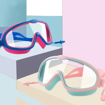 Нови Регулируеми детски плувни очила с големи рамки HD, водоустойчив, устойчив на мъгла, с затычками за ушите, очила за тренировки по плуване за момичета и момчета