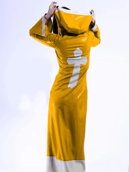 Ново Латексово 100% Гумена рокля с Жълта Качулка, Женски модно рокля в стил Хип-хоп костюм XXS-XXL