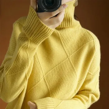 Новост през есента и зимата 2023, Дамски пуловер, Дебели Топли Модерен Вязаный черен пуловер с голям размер с висока яка