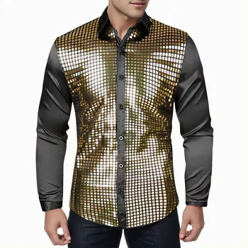 Обичайните Мъжки ризи за дискотеки 70-те години, с метален блясък, Ризи с дълъг ръкав и копчета за нощен клуб, Риза с дълъг ръкав и копчета