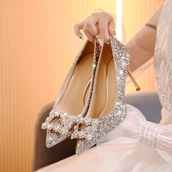 обувки дамски Сватбена рокля Двойна Обувки с Декорация във формата на Кристали, Сватбени Обувки, Обувки За Шаферките, Дамски Обувки С пайети На Тънък Ток и Високи Токчета