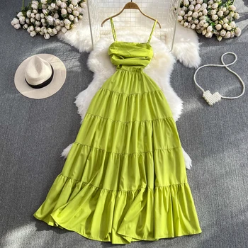 Однотонное женски плиссированное рокля Трапецовидна форма в Ретро стил, Елегантен Офис женствена рокля на бретелях, зелена вечерна рокля с висока талия и отворен гръб в плажен стил