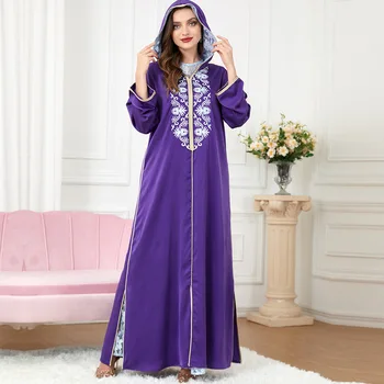 Рамадан близкия изток Арабски дрехи, Шапка, Лилаво Комплект, Мюсюлманска мода, Ислямското женствена рокля от две части с дълъг ръкав