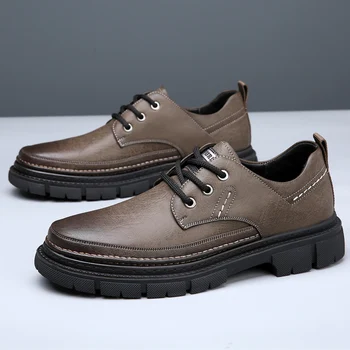 Реколта Класически мъжки обувки от естествена кожа, ежедневни обувки на дебела подметка, бизнес Банкетная кожени обувки, Офис градинска универсална