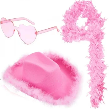 Розова ковбойская шапка с пера, набор от очила, слънчеви очила във формата на сърце, дълги пера за денс парти за Хелоуин