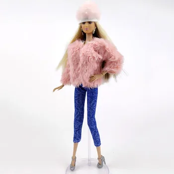Розова Кожа мека модерен комплект дрехи за кукли Барби, Ежедневни облекла, палта, Панталони, Шапка, обувки за кукли 1/6 BJD, Аксесоари