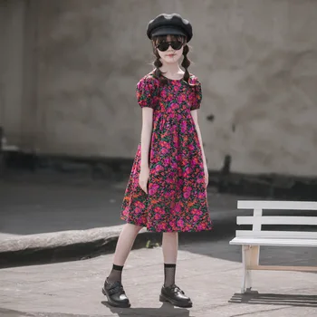 Рокля с цветен модел за момичета 2023, Лятна Нова Памучен Детски дрехи, Детско Принцеса рокля с отворен гръб, #7347
