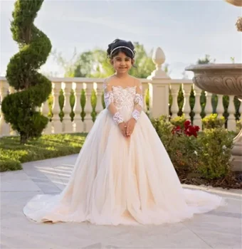 Рокля с цветя модел за момичета, Розово Пищни тюлевое рокля с дантелено аппликацией Трапецовидна форма, Елегантна сватбена рокля с цветя за първия Евхаристического рожден ден на детето