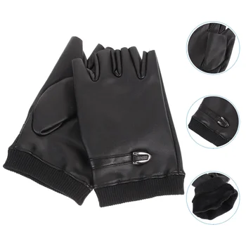 Ръкавици от изкуствена кожа, велосипедни ръкавици с полпальца, кръгли ръкавици за шофиране, топли ръкавици за мъже и жени (черно, без размер)