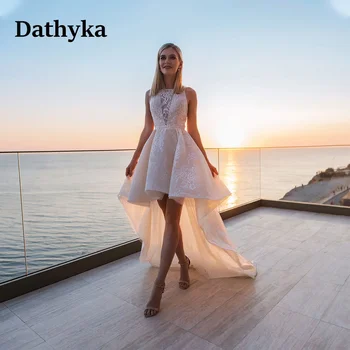 Сватбени рокли Dathyka с висока облегалка, апликации от естествени материали, тънки бретельки, тюл, с дължина до пода, Без ръкав, V-образно деколте