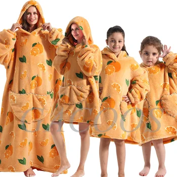 Сладки Оранжеви Носимые Одеяла Шерпа, Блузи, големи размери, е един и същ дрехи за семейството, Пижами за майките, Детски отношение, Домашно облекло, с Пандой и Акула