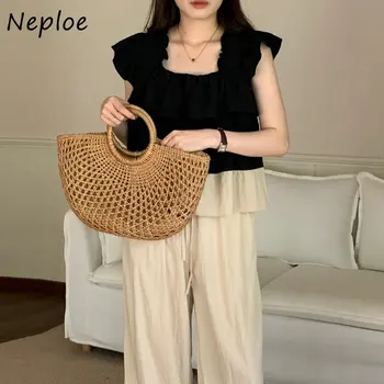 Случайни комплект Neploe в Корейски стил 2023, Дамски лято ретро-риза с летящими ръкави, което намалява възраст, С висока талия, Универсални Широки панталони, Комплект от две части