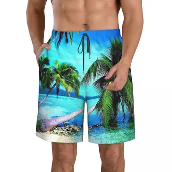 Тропически палми, тъмно сини мъжки плажни шорти за разходки, Плажни панталони с завязками, Комфортни шорти с плоска предна част на S