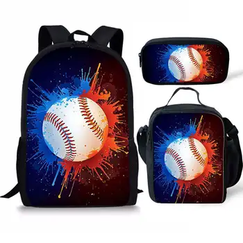 Хладно бейзболен 3D принт, 3 броя, комплект ученически чанти, подарък на студентите в училище, всекидневни раница за тийнейджъри с чанта за обяд, чанта за моливи