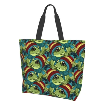 Чанта-тоут за жени, торби за многократна употреба за пазаруване под формата на забавна жаби, плажна чанта