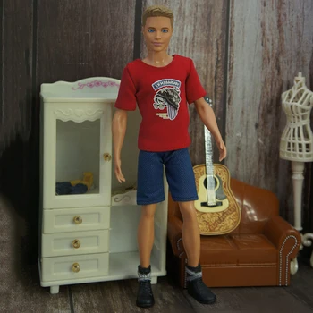 Червен комплект дрехи за кукли 1/6 за момче Кен, облекло за кукли, тениска, сини дънкови шорти, Панталони за момчета, Барби, Аксесоари за Кен