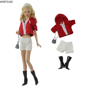 Червена hoody с качулка, бели къси панталони, Ботуши, чанта за дрехи за Барби кукли, комплект ръчно изработени дрехи за кукли Барби, Аксесоари за кукли 1/6, Детска играчка 