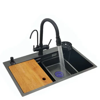 Черна кухненска мивка Nano над мивката за измиване на съдове с дъска за борда от неръждаема стомана 304, Единична черна кухненска мивка