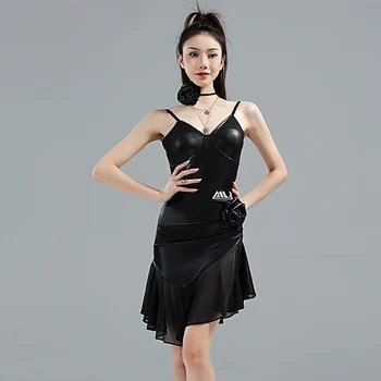 Черна рокля за латино танци с отворен гръб За възрастни Професионален Костюм за изяви в Румба, Чача Боди без ръкави, Пола YS5116