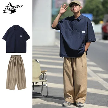 Японски Прост комплект За мъже И жени, Лятна бързосъхнеща тениска-поло с къс ръкав + Ежедневните Свободни шорти-карго в стил хип-хоп, двойките от две части