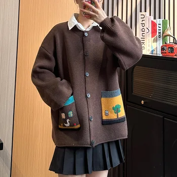 Японски Ретро Мързелив пуловер, жилетка, сако, Дамски Есен-Зима 2023, Нов трикотажни изделия, горно палто